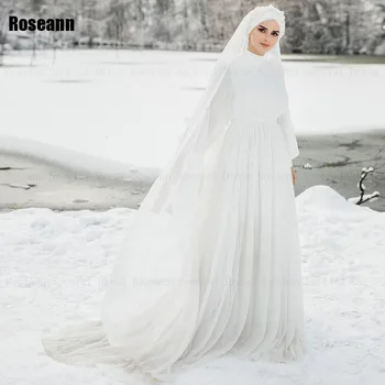 Müslüman 2024 Yeni Yüksek Yaka A-line Gelinlik Dikey Dökümlü Plise Kat Uzunluk gelinlik Fırça Tren robe de mariée