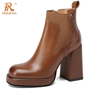 PRXDONG kadın ayakkabısı 2023 Yeni Moda Hakiki Deri Kare Yüksek Topuklu Platformu Kahverengi Retro Sonbahar Kış Sıcak yarım çizmeler 39