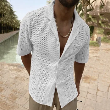 Rahat 2023 İçi Boş Örgü Gömlek erkek Giyim Gevşek Yaka Düğmesi Üstleri polo gömlekler Moda Kısa Kollu Erkek Yaz Katı Bluz