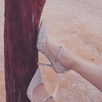 Rhinestone İnci Elbise Kristal Yüksek Topuklu gelin ayakkabıları Bir Kelime Kemer Stiletto Sandalet Ziyafet Parti Düğün Ayakkabı