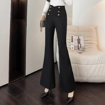 Siyah Kruvaze Yüksek Bel Flare Pantolon kadın Kore Moda Pantolon Rahat Gevşek Ofis Bayan Kadın Pantolon Baggy Giyim