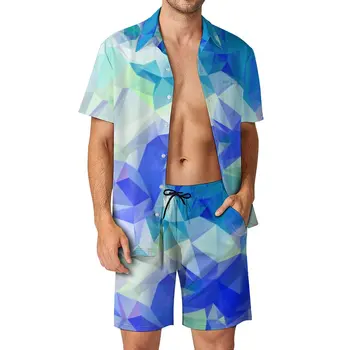 Soyut Geometri Erkekler Setleri Kuzey ışıkları baskı Rahat Şort tatil gömlek seti Yaz Moda Takım Elbise Kısa Kollu Artı Boyutu