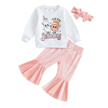 Toddler Bebek Kız Giysileri Santa Bebek Nakış Noel Kazak Üst Kadife Flare Pantolon Kış Çan Alt Seti