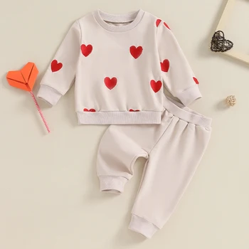 Toddler Kız Sevgililer Günü Kıyafet Bahar Pantolon Seti Kalp İşlemeli Uzun Kollu Kazak Düz Renk Pantolon 2 adet