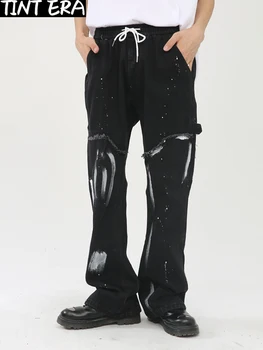 TONU DÖNEMİ Harajuku Fırçalanmış Bootcut Kot Erkekler Hip Hop Darkwear Denim Pantolon Pantolon Erkek Rahat Japon Streetwear Patchwork