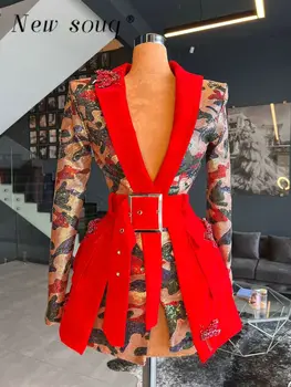 Trend Kırmızı Camo Pullu Blazer Kısa Parti Törenlerinde Seksi Derin V Boyun Uzun Kollu Balo Kıyafetleri Bayanlar Elbiseler Özel Günler İçin