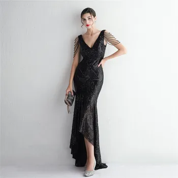Uzun Siyah balo kıyafetleri Backless Yüksek Düşük Çarpıcı Sequins Boncuk Kadınlar Örgün Durum Elbise 2023 Stokta doğum günü partisi elbisesi