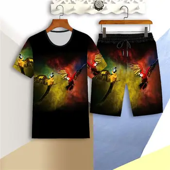 Yaz 2 parçalı set 3D baskılı erkek tişört şort takım elbise erkek spor O-Boyun kısa kollu spor elbise Xia Uzun takım elbise