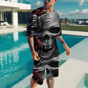 Yaz erkek tişört Seti Avrupa ve Amerikan Eşofman 3D Baskılı Erkek Plaj kısa kollu tişört Seti 2 Parça Kıyafetler Spor