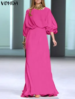 Yaz Sundress 2023 VONDA Zarif Parti Maxi Elbise Kadınlar Uzun Fener Kollu Bel Up Düz Renk Rahat Gevşek Vestidos Robe