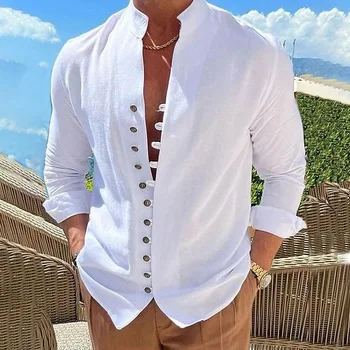 Yeni erkek Vintage Casual Gömlek Pamuk Keten Uzun Kollu Sokak Giyim Yaka Düğmesi Düz Renk Gömlek Erkekler İçin Tatil Bluz Üst