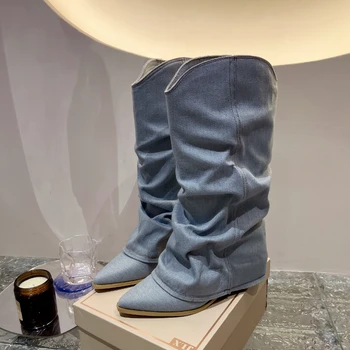 Yeni Kot Pantolon Botları Bahar 2023 Yüksek Topuklu Kadın Sivri Burun Ayakkabı Tasarımcısı Moda Elbise Ayakkabı