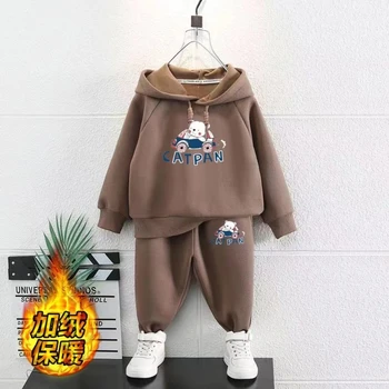Yeni Kış Kalınlaşmış Polar Çocuk Seti Bebek Erkek Kız Düz Renk Hoodies ve Pantolon 2 adet Sıcak Giyim Takım Elbise Çocuklar Kıyafetler