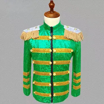 Yeşil Parlak Pullu Püskül Çok Düğme Performans Kostüm erkek Kişilik Ceketler Şarkıcı Dans Sahne Giyim Gece Kulübü Bar Mont