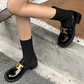 Yuvarlak Kafa Patchwork Kısa Çizmeler Düz Renk Metal Toka Kadın Ayakkabı Bahar Moda Zapatos Mujer Kare Topuk Botas Femininas