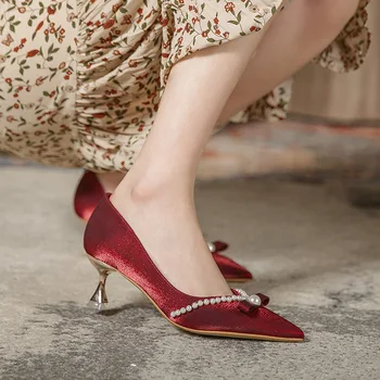 Yüksek Topuklu Kadın İlkbahar Sonbahar Yeni İnce Topuk Fransız Kadın Ayakkabı Sivri Kırmızı Düğün Ayakkabı Artı Boyutu Topuklu 41 42 Zapatos De Mujer
