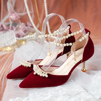 Zarif İnci Taç Gelin Ayakkabıları Kadın Dize Boncuk Ayak Bileği Kayışı İnce Topuklu Pompalar Kadın Akın Sivri Burun Yüksek Topuklu Düğün Ayakkabı
