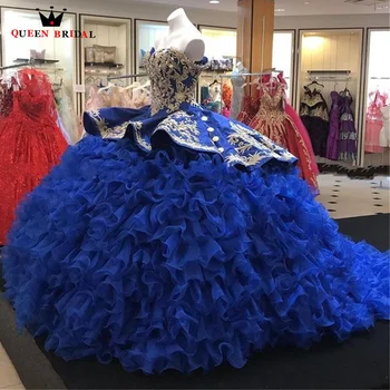 Zarif Kraliyet Mavi Quinceanera Elbise Ruffles Nakış Boncuklu Sevgiliye vestido de 15 anos quinceanera 2023 Custom Made LJ29