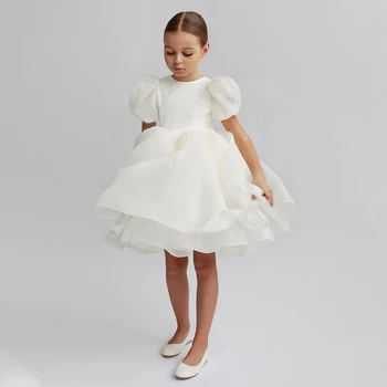 Çiçek Kız Elbise Düğün için Puf Kollu Zarif Elbise Kızlar için Çocuklar Communsion Beyaz Elbise doğum günü partisi elbiseleri Kızlar için