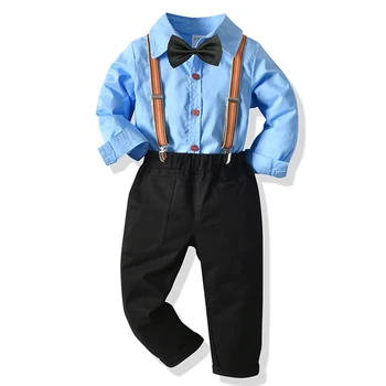 Çocuk Erkek Takım Elbise Elbise Takım Elbise Beyefendi Mavi Gömlek papyon + Pantolon Parti Düğün Çocuk Çocuk Giyim Sonbahar Erkek Giysileri