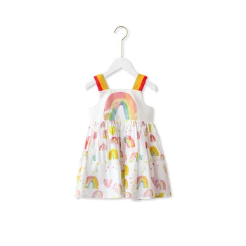 Çocuk Giysileri 2023 Yeni kız çocuk yaz elbisesi Moda Baskı Halter Gökkuşağı Pamuk Yelek Etek