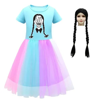 Çocuk Kız Çarşamba Addams Prenses Elbiseler Yaz giysileri Çocuk Gökkuşağı Kostüm Doğum Günü Giyim
