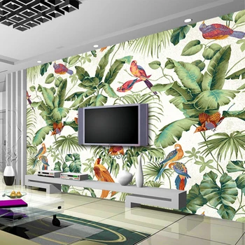 Özel Boyut Duvar Kağıdı Tropikal Yağmur Ormanları Kuş Yaprakları Boyama Doğa duvar resmi Kağıdı Oturma Odası TV Zemin 3D Ev Dekor
