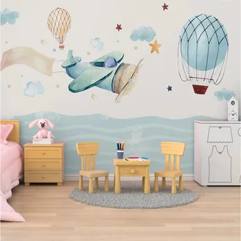 Özel çocuk Odası Arka Plan Duvar Kağıdı Çocuk Odası için Karikatür Uçak Deniz Sıcak Hava Balonları Duvar Kağıtları Ev Dekor